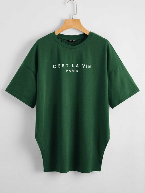 Drop Shoulder Split Hem Letter Graphic Tee