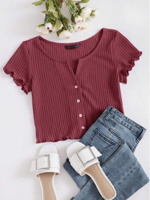 Lettuce Edge Button Front Waffle Knit Top