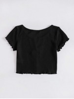 Notched Neck Lettuce Trim Textured Knit Buttoned Front Top