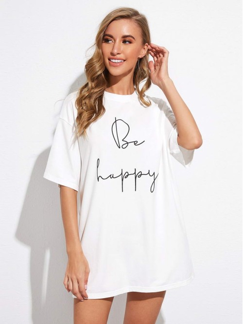 Drop Shoulder Slogan Graphic Longline Tee