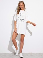 Drop Shoulder Slogan Graphic Longline Tee