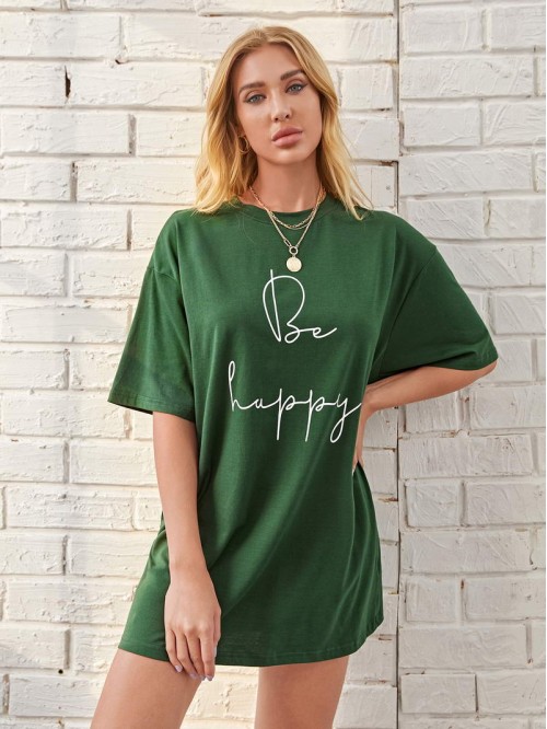 Drop Shoulder Slogan Graphic Longline Tee