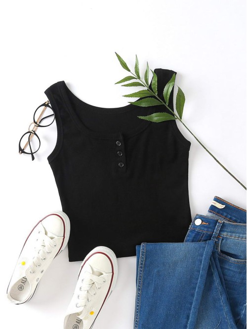 Button Detail Scoop Neck Tank Top