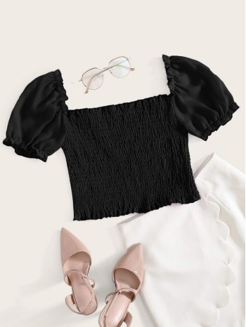 Puff Sleeve Shirred Chiffon Milkmaid Top