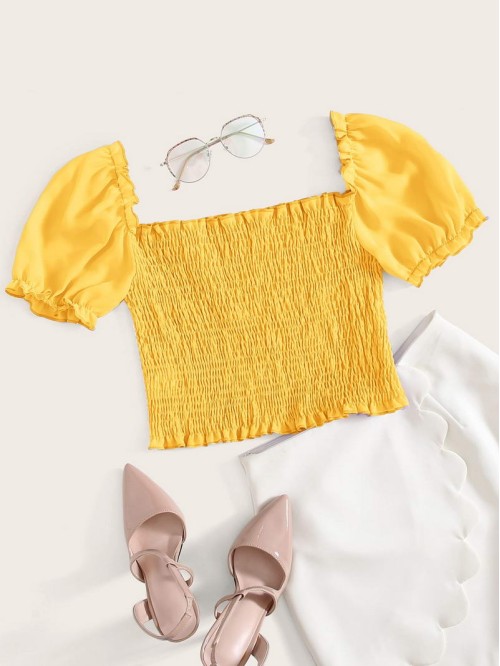 Puff Sleeve Shirred Detail Crop Top