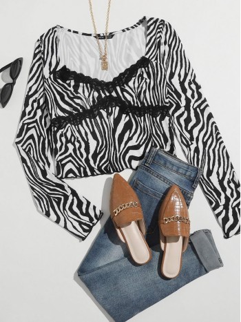 Sweetheart Neck Lace Trim Zebra Striped Top