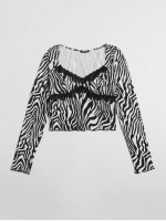 Sweetheart Neck Lace Trim Zebra Striped Top