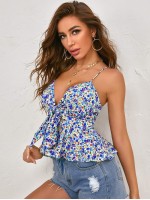 Knot Front Ditsy Floral Peplum Cami Top