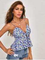 Knot Front Ditsy Floral Peplum Cami Top