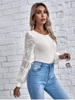 Guipure Lace Insert Embroidered Sheer Lantern Sleeve Top