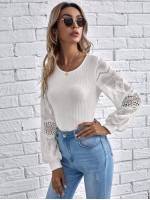 Guipure Lace Insert Embroidered Sheer Lantern Sleeve Top