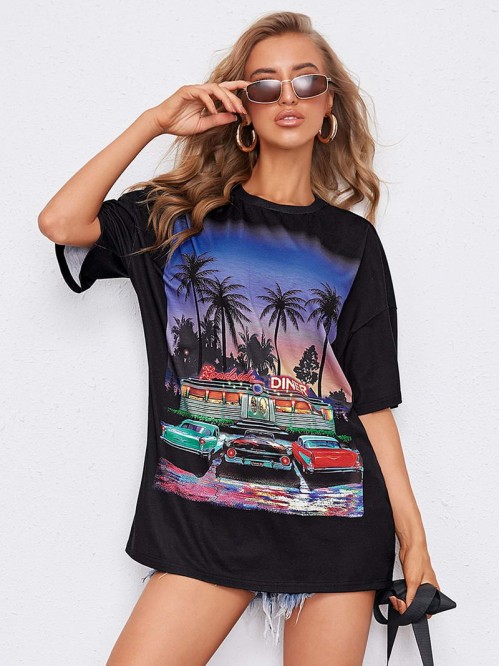 Drop Shoulder Car and Tropical Print Top