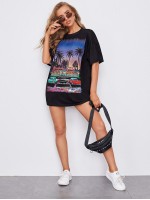 Drop Shoulder Car and Tropical Print Top