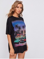 Drop Shoulder Car and Tropical Print Top