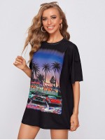 Drop Shoulder Car and Tropical Print Top