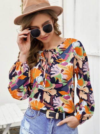 Abstract Floral Print Tie Neck Blouse