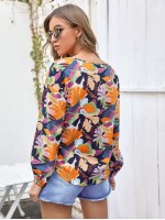 Abstract Floral Print Tie Neck Blouse