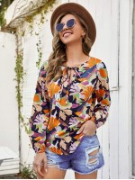 Abstract Floral Print Tie Neck Blouse