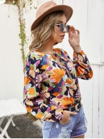 Abstract Floral Print Tie Neck Blouse