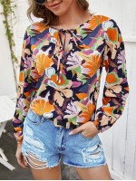 Abstract Floral Print Tie Neck Blouse