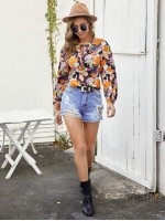 Abstract Floral Print Tie Neck Blouse