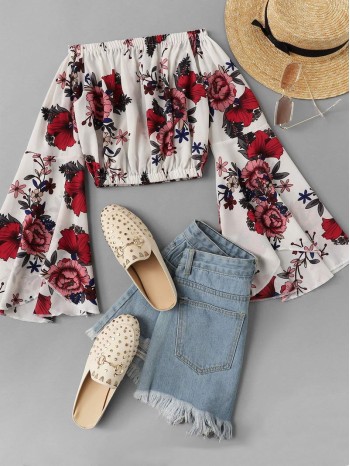 Flounce Sleeve Floral Bardot Crop Top