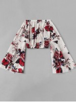 Flounce Sleeve Floral Bardot Crop Top