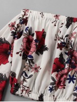 Flounce Sleeve Floral Bardot Crop Top