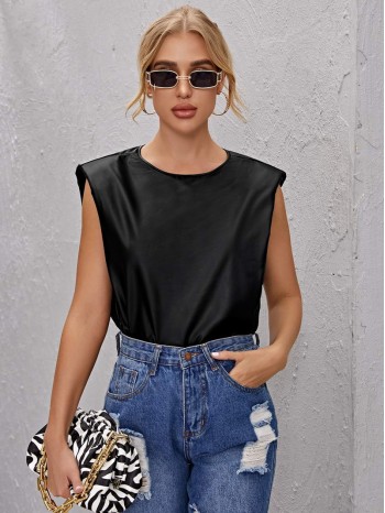 Keyhole Back Shoulder Padded Leather Look Top