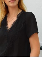 V Neck Eyelash Lace Trim Top