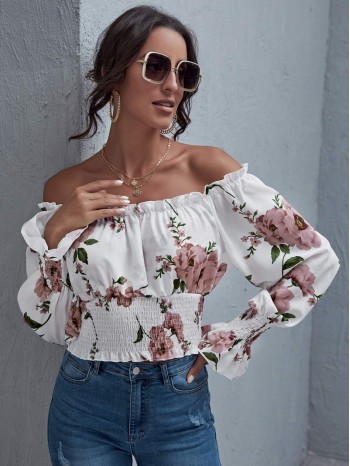 Frill Off Shoulder Ruched Bust Shirred Floral Crop Top