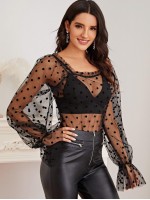 Flounce Sleeve Sheer Polka-dot Mesh Top Without Bra