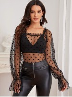 Flounce Sleeve Sheer Polka-dot Mesh Top Without Bra