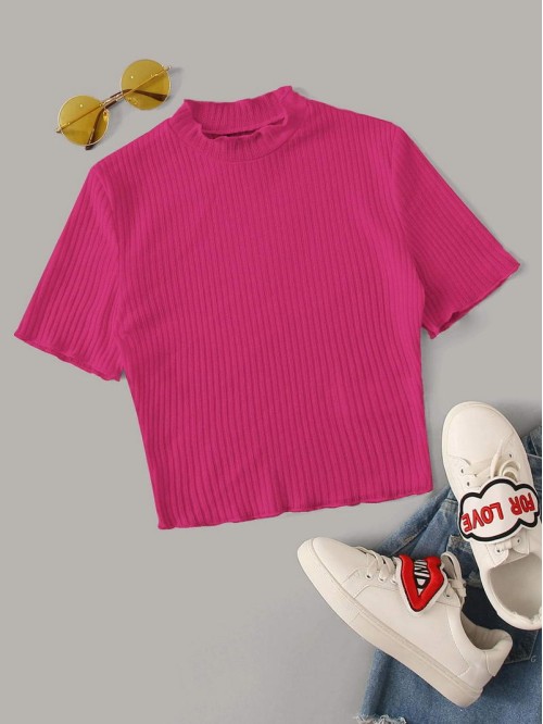 Neon Pink Mock-neck Lettuce Edge Rib-knit Tee