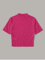 Neon Pink Mock-neck Lettuce Edge Rib-knit Tee