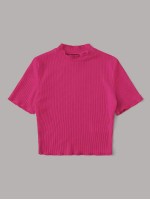 Neon Pink Mock-neck Lettuce Edge Rib-knit Tee