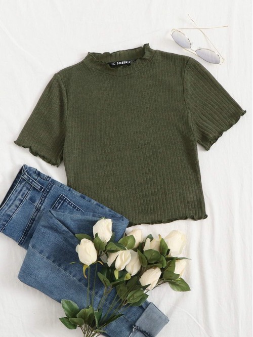 Lettuce Trim Rib-knit Crop Tee