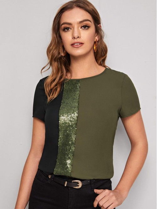 Sequin Panel Colour-block Top