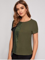 Sequin Panel Colour-block Top