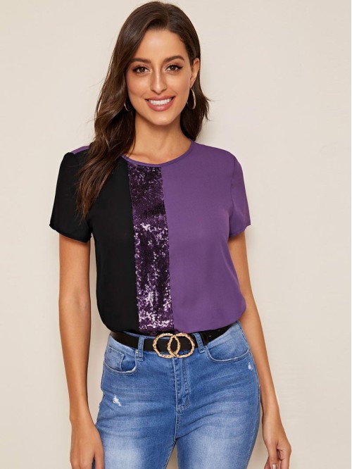 Colorblock Sequin Panel Top