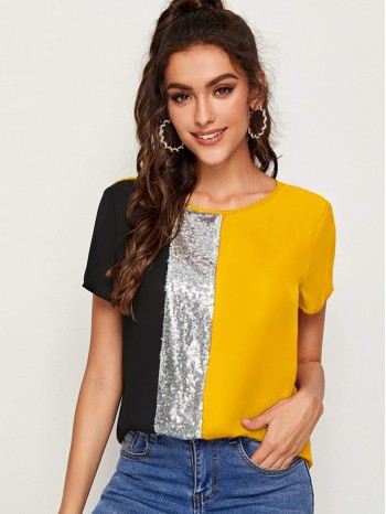 Contrast Sequin Panel Colorblock Top