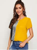 Contrast Sequin Panel Colorblock Top