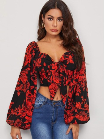 Tie Front Shirred Detail Bishop Sleeve Floral Crop Top