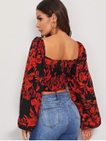 Tie Front Shirred Detail Bishop Sleeve Floral Crop Top