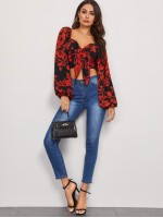 Tie Front Shirred Detail Bishop Sleeve Floral Crop Top