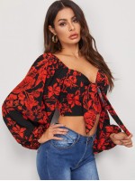 Tie Front Shirred Detail Bishop Sleeve Floral Crop Top