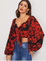 Tie Front Shirred Detail Bishop Sleeve Floral Crop Top