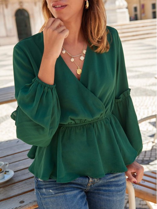 Surplice Front Bishop Sleeve Peplum Blouse