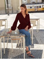 Surplice Front Bishop Sleeve Peplum Blouse