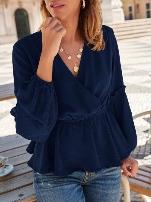 Surplice Front Bishop Sleeve Peplum Blouse